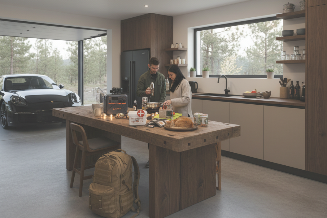 Twee mensen aan de keukentafel met een noodpakket en power station
