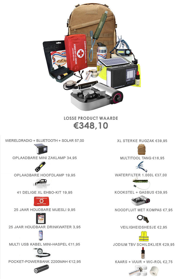 Luxe noodpakket Paraat Premium – inhoudsoverzicht: noodradio (bluetooth + solar), stevige rugzak, zaklamp, hoofdlamp, waterfilter 1.000 L, 41-delige EHBO-set, noodrantsoen, kookstel met gas, powerbank, multitool, multi-USB-kabel, drinkwater, muesli, jodium, veiligheidshesje, noodfluit, kaars + vuur + batterijen.