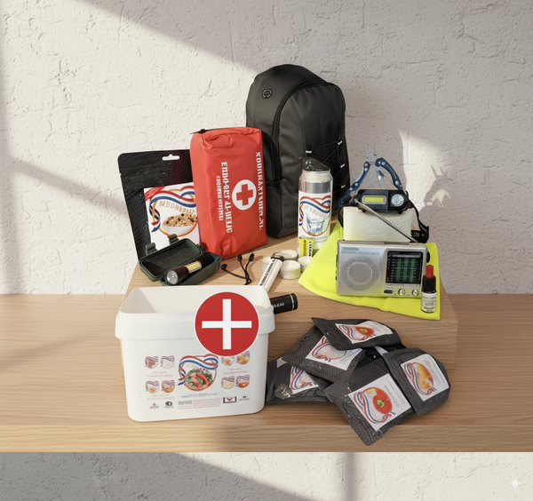 Luxe noodpakket met noodrantsoen (emmer), EHBO-set, noodradio op zonne-energie, hoofdlamp, powerbank, multitool, waterfilter en drinkwater – Paraat Premium productfoto
